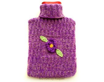 Lilac Knit Hot Water Bottle Cover with Flower