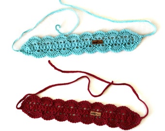 Boho Headband Set of 2 | Aqua Blue Crochet Headband | Burgundy Headwrap