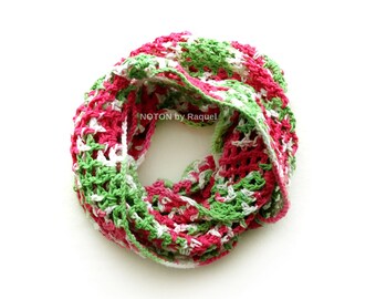 Pink and Green Crochet Circle Scarf for Woman