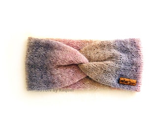 Bandeau de turban d’hiver en tricot clair rose et gris pour femme