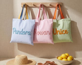 Bolso de piscina de chenilla personalizado, bolso de playa con nombre personalizado, regalo para vacaciones de verano, recuerdo para despedida de soltera.