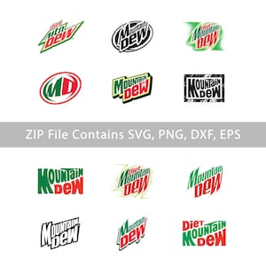 Puede incluir: Una colección de logotipos de Mountain Dew y Diet Mountain Dew en varios diseños. Los logotipos presentan el nombre de la marca en verde y rojo, con algunas variaciones en blanco y negro. La imagen también incluye el texto "ZIP File Contains SVG, PNG, DXF, EPS."