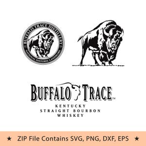 May include: Black and white graphic design elements featuring a buffalo. Includes a circular logo with text "Buffalo Trace Distillery" and "National Historic Landmark". Also includes the text "Buffalo Trace Kentucky Straight Bourbon Whiskey".