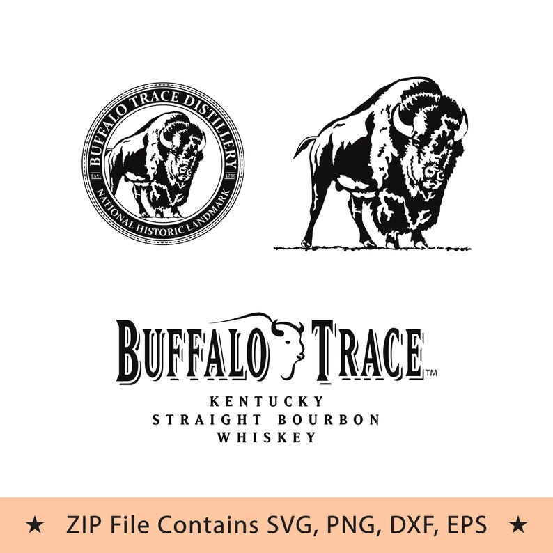 May include: Black and white graphic design elements featuring a buffalo. Includes a circular logo with text "Buffalo Trace Distillery" and "National Historic Landmark". Also includes the text "Buffalo Trace Kentucky Straight Bourbon Whiskey".