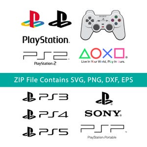May include: A collection of PlayStation logos and a controller on a white background. Logos include PlayStation, PS2, PS3, PS4, PS5, and PSP. The image also includes the text "ZIP File Contains SVG, PNG, DXF, EPS."