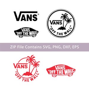 Op de afbeelding: Een verzameling Vans-logo's in zwart en rood. De logo's omvatten het Vans-woordmerk, het Vans-skateboardlogo en een cirkelvormig logo met palmbomen en de tekst "Off The Wall". De afbeelding bevat ook de tekst "ZIP File Contains SVG, PNG, DXF, EPS".