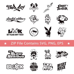 May include: A selection of black and white graphic designs, featuring text and cartoon illustrations. The designs include phrases such as "Bad Boy," "Street Hustler," and "Beast Mode," alongside images of a rabbit, monkey, and other characters. The text "ZIP File Contains SVG, PNG, EPS" is also present.