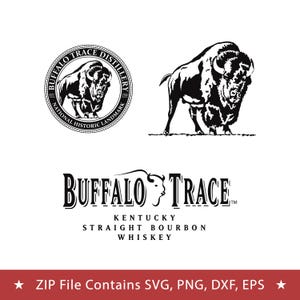 May include: Black and white vector graphics featuring a buffalo and the words "Buffalo Trace Distillery" and "Kentucky Straight Bourbon Whiskey." Includes a graphic with the text "National Historic Landmark."