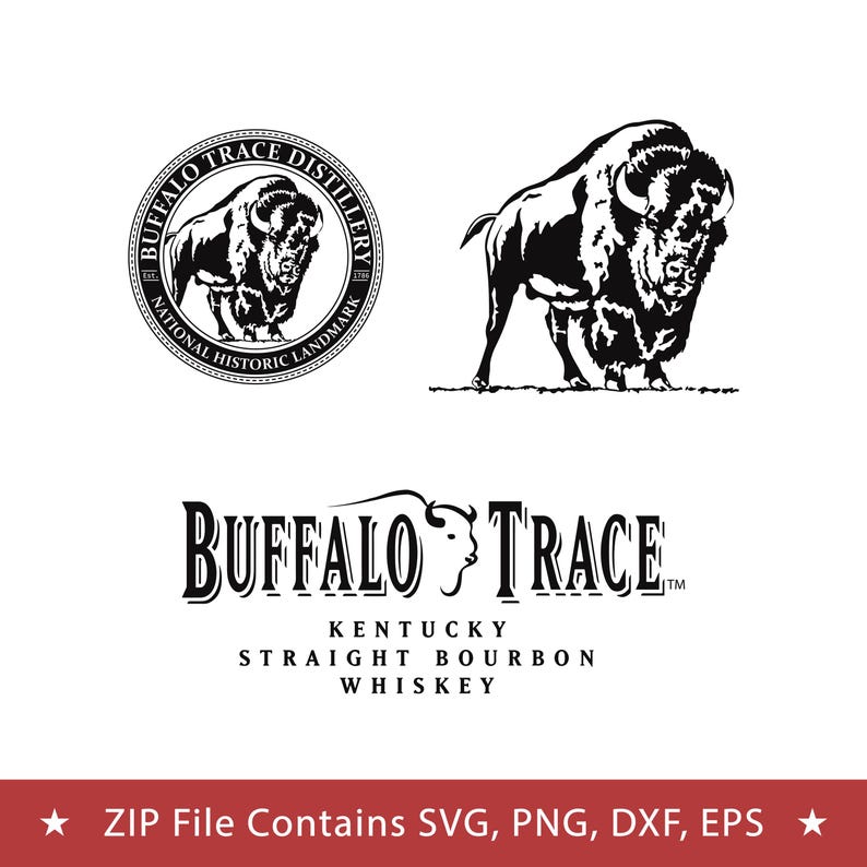 May include: Black and white vector graphics featuring a buffalo and the words "Buffalo Trace Distillery" and "Kentucky Straight Bourbon Whiskey." Includes a graphic with the text "National Historic Landmark."