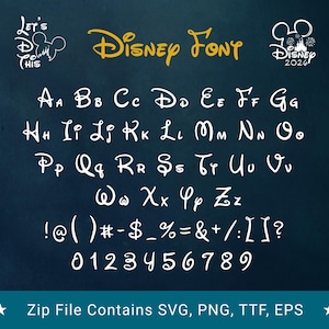 Könnte beinhalten: Ein digitaler Schriftsatz mit den Worten "Disney Font" in einer skurrilen Schrift. Das Bild zeigt das Alphabet, Zahlen und Symbole in einem weißen, handschriftlichen Stil vor einem dunkelblauen Hintergrund. Der Text "Zip File Contains SVG, PNG, TTF, EPS" befindet sich unten.