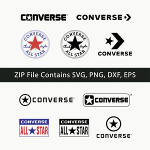 Op de afbeelding: Verschillende Converse-logo's in zwart, wit, rood en blauw. De afbeelding toont het Chuck Taylor All Star-ontwerp, de Converse-ster en de merknaam. De tekst "ZIP File Contains SVG, PNG, DXX, EPS" is ook aanwezig.