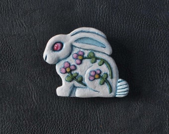 OOAK Hand Sculpted Folk Art Style White Easter Rabbit Brooch.