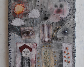 Original Art Mixed Media Textile Collage On Canvas
