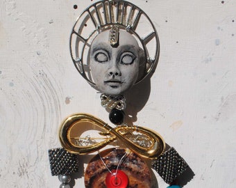 Original Upcycled Mixed Media Art Handmade Doll Sculpture.