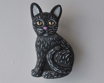 OOAK Hand Sculpted Folk Art Style Black Cat Brooch