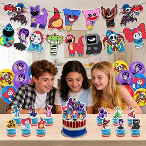 May include: A birthday party scene with a cake, cupcakes, balloons, and cartoon character decorations. The cake has a "Happy Birthday" topper. Children are smiling and looking at the cake. Colorful character cutouts are strung as a banner.