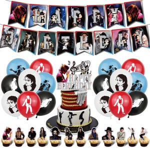 May include: A party decoration set featuring Michael Jackson imagery, including a Happy Birthday banner, balloons with silhouettes, a tiered cake topper with the text Happy Birthday, and various cupcake toppers depicting the performer.