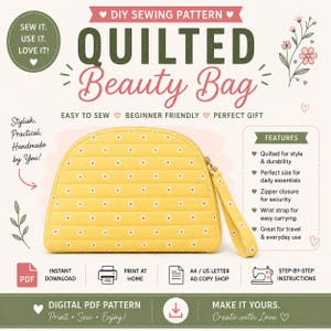 Gewatteerd make-uptasje (PDF-naaipatroon), cosmetica-etui voor beginners, reistasje met bloemenprint en ritssluiting