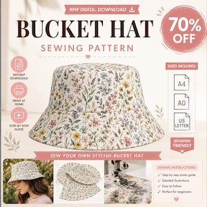 Patrón de costura para sombrero tipo pescador, patrón de sombrero de sol floral, patrón de sombrero de verano en PDF, patrón de costura para sombrero de bebé, sombrero tipo pescador para mujer, descarga instantánea.