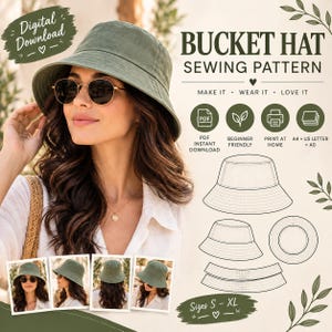 Pode incluir: Um molde de costura digital para um chapéu bucket. A imagem mostra uma pessoa usando um chapéu verde-oliva e óculos de sol, ao lado de desenhos técnicos do molde, o texto BUCKET HAT SEWING PATTERN e vários ícones.