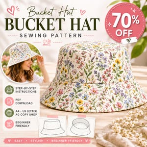 Patrón de costura en PDF para sombrero tipo pescador / Sombrero de sol floral reversible / Patrón de costura para principiantes / Descarga instantánea / Tallas para bebés, niños y adultos
