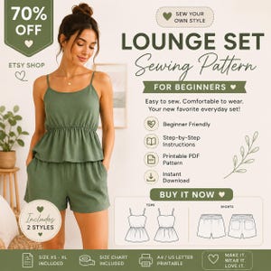 Op de afbeelding: Een digitaal naaipatroon voor een lounge-set bestaande uit een hemdje met dunne bandjes en bijpassende shorts. Het patroon bevat stapsgewijze instructies, een printbaar PDF-bestand en een maattabel voor de maten XS tot XL, direct te downloaden.