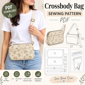Crossbody Bag Sewing Pattern PDF, Sling Bag Pattern with Zipper, Adjustable Strap Bag, A4 US Letter A0