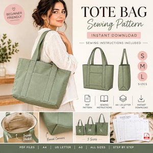 May include: A digital sewing pattern for a sage green tote bag in small, medium, and large sizes. Includes instructions for an exterior pocket, an interior pocket, and boxed corners. The set features PDF files for A4, US Letter, and A0 paper formats.