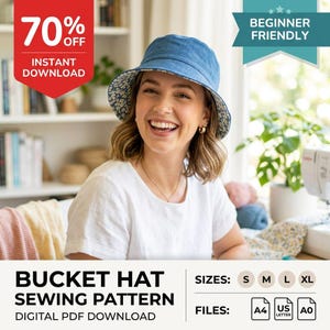 Reversible Bucket Hat Sewing Pattern PDF | Beginner Friendly Hat Pattern | 4 Sizes Included | DIY Bucket Hat Digital Download