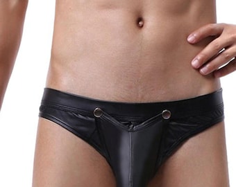 Men’s Black Faux Leather Briefs – Stylish Metallic Stud Accent Pouch Underwear