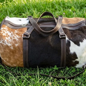 Patchwork Cowhide Weekender, Handmade Leather Travel Duffle, Hair-on Hide Overnight Carry-On