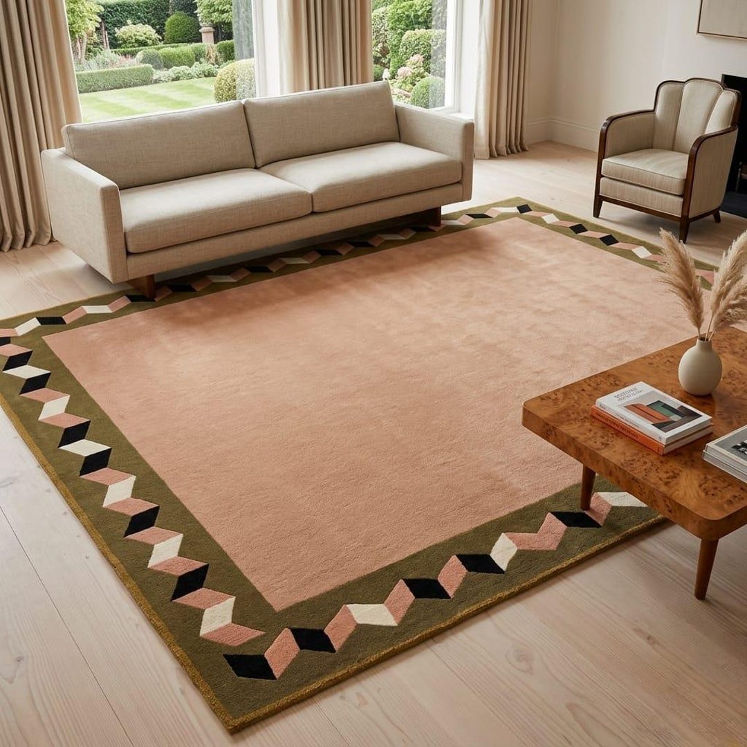 Border Area Rug Pink Blush Pink Hand Tufted Wool Area Rug With Geometric Border, Custom Size ...