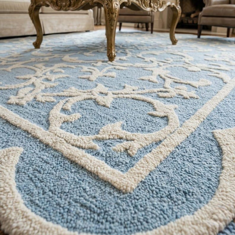 Hand Tufted Wool Area Rug – Elegant Blue and Ivory Custom Size Living ...