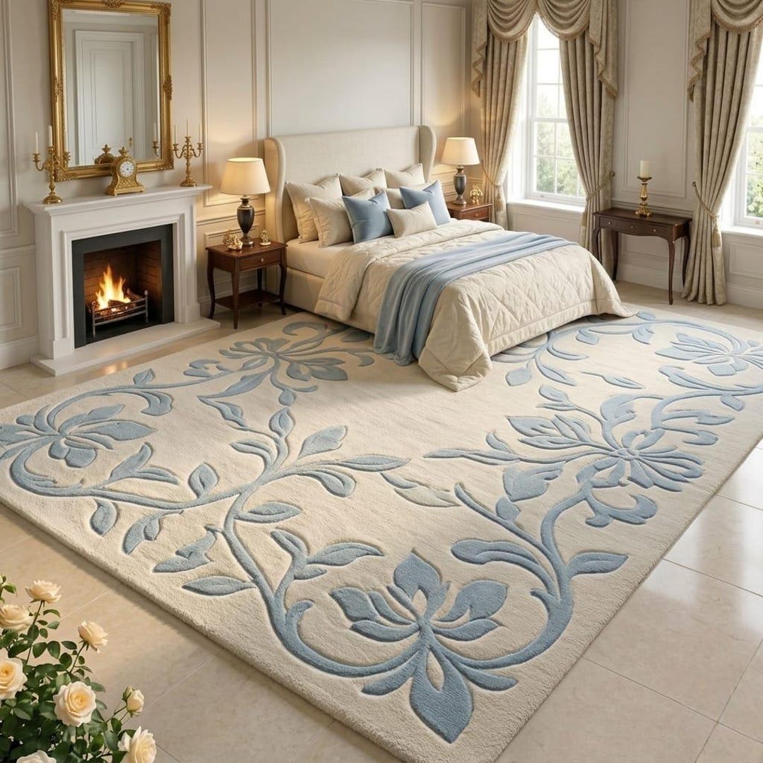 Ivory and Light Blue Floral Hand Tufted Wool Area Rug for Elegant Home ...