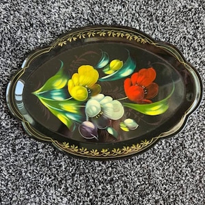 Vintage Tole Hand Painted Metal Tray Made in Russia VGC