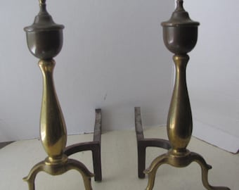 MCM Federal Style Brass Cast Iron Andirons