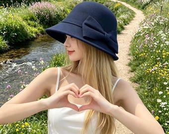 Vintage Wool Felt Cloche Hat with Elegant Bowknot–Classic Retro Fedora, Ladies Summer Sun Hat，Timeless Winter Fashion for Women，Gift For Her