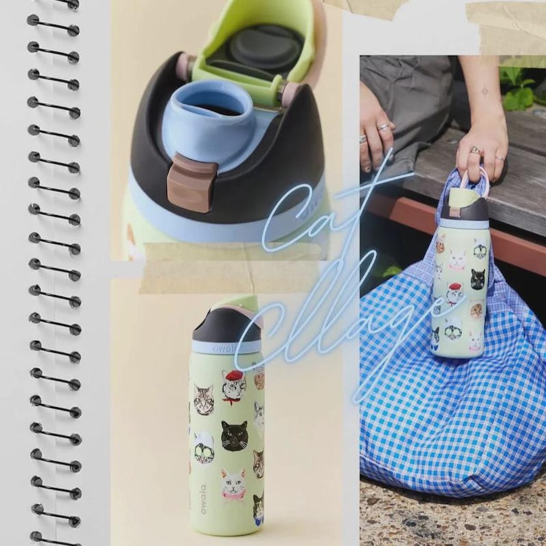 May include: A light green Owala water bottle featuring a repeating pattern of various cat faces. The bottle has a black lid with a light blue spout and a lime green flip-top cover. The text Cat Collage is written in blue script across the image.