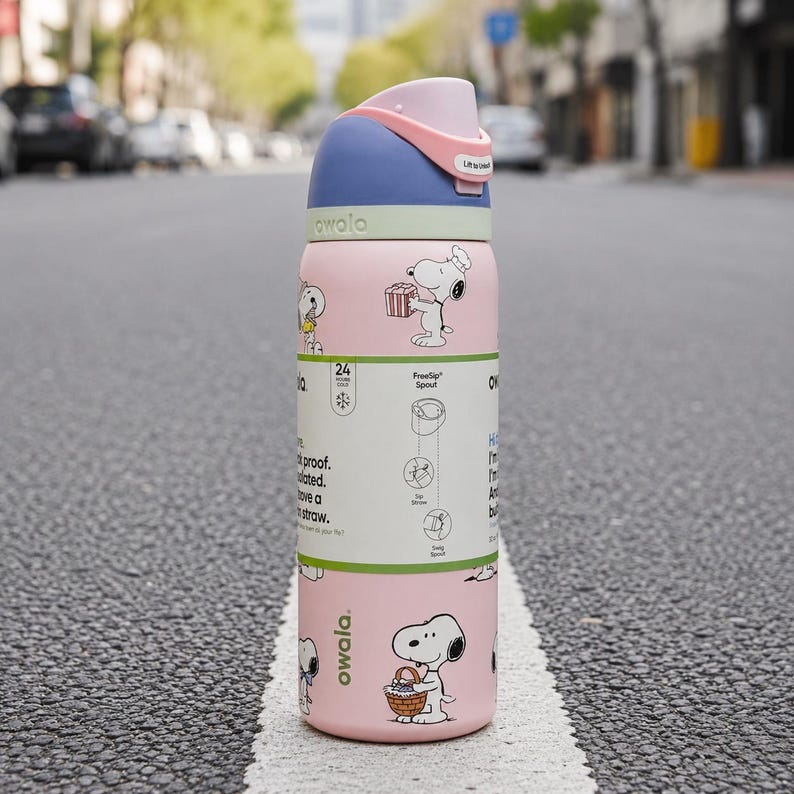 Puede incluir: Una botella de agua Owala rosa y azul con ilustraciones de Snoopy. La botella tiene una tapa abatible con asa rosa y una banda verde. La botella es a prueba de fugas y tiene una capacidad de 24 horas.