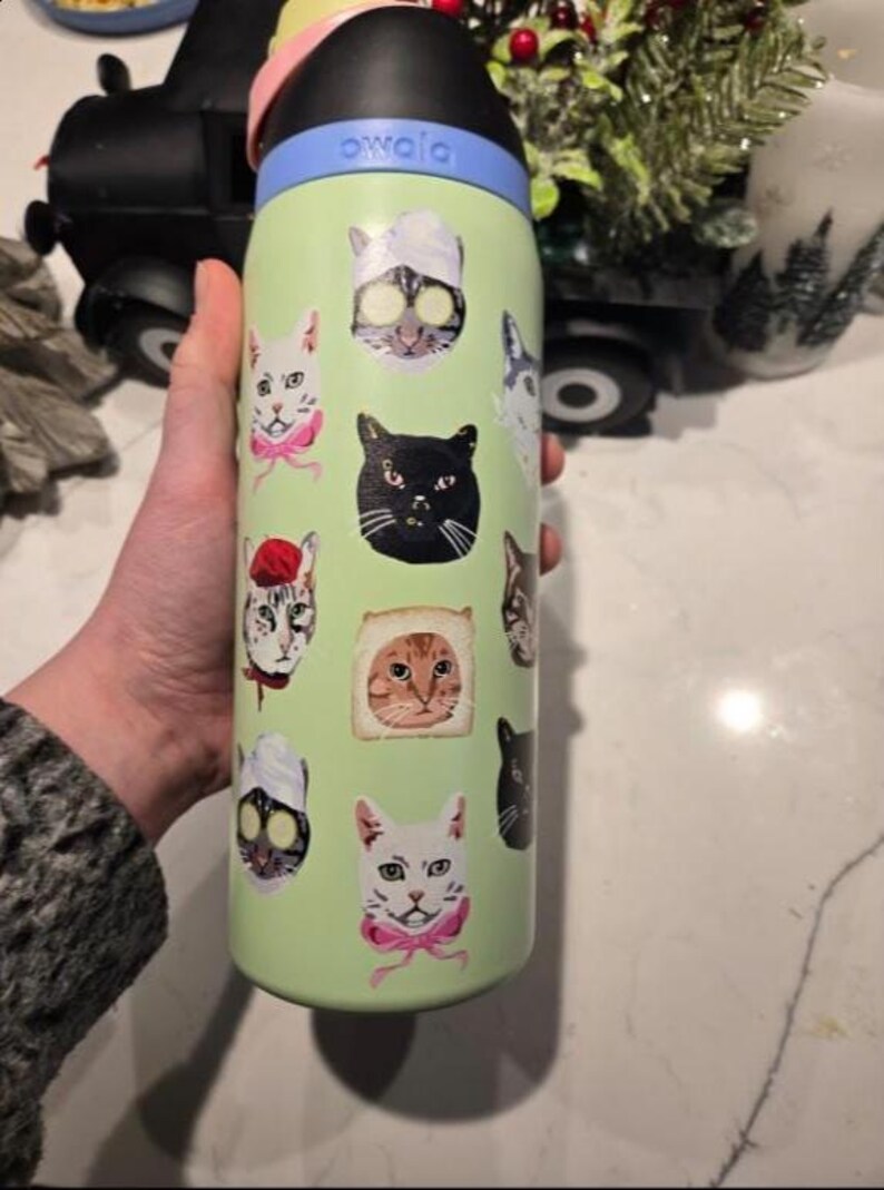 May include: A light green Owala water bottle featuring a variety of cat illustrations, including cats wearing spa headbands with cucumber slices on their eyes, a cat wearing a red beret, and a cat framed by a slice of bread, with a black lid.