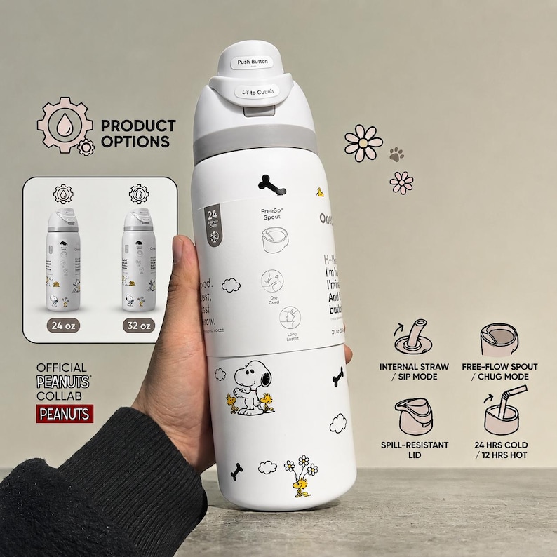 Puede incluir: Botella de agua blanca con dise&ntilde;o de Snoopy. La botella tiene una tapa con bot&oacute;n y est&aacute; decorada con Snoopy y otros gr&aacute;ficos. Cuenta con pajita interna, boquilla de flujo libre y tapa resistente a derrames. Disponible en 710 ml y 946 ml.