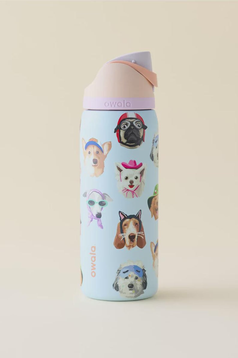 Pu&ograve; includere: Una borraccia azzurra con un motivo di varie razze canine che indossano accessori come cappelli, occhiali e mascherine per dormire. La bottiglia ha un tappo color lavanda e pesca con il marchio Owala stampato in piccole lettere.