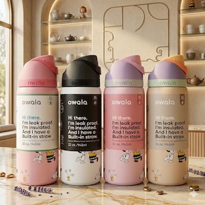 Puede incluir: Cuatro botellas de agua aisladas Owala en rosa, negro, lavanda y beige. Cada botella tiene una tapa abatible y una pajita incorporada. Las botellas presentan el texto "Hi there. I'm leak proof. I'm insulated. And I have a Built-in straw."