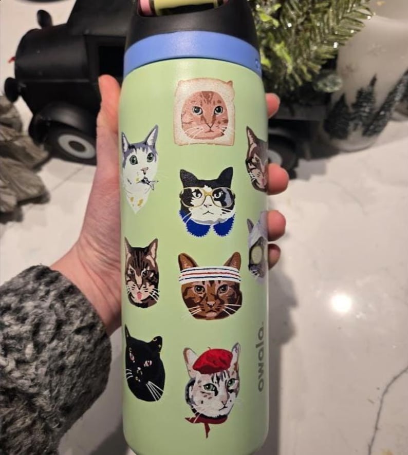 May include: A light green Owala water bottle featuring various cat stickers. The designs include a cat in a bread slice, a cat wearing glasses, a cat with a headband, a cat in a red beret, and several other feline portraits in different styles.