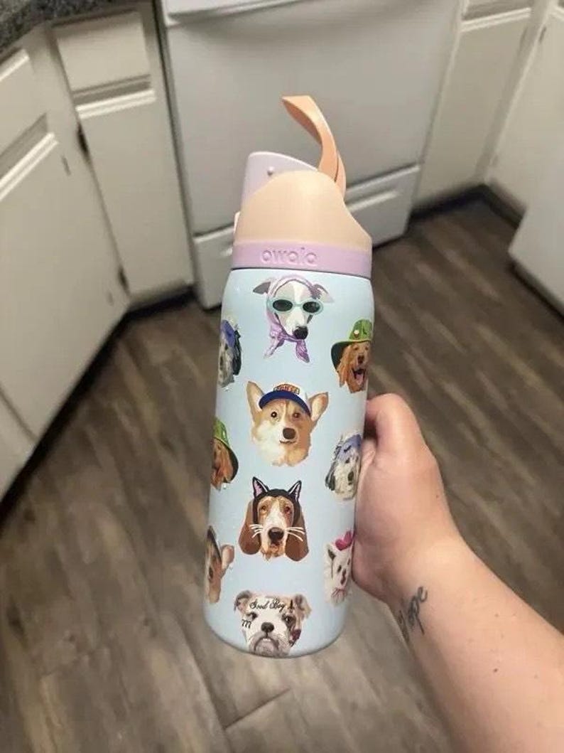 Pu&ograve; includere: Una borraccia Owala azzurra con vari ritratti illustrati di cani che indossano accessori come cappelli e occhiali da sole. La bottiglia ha un manico color pesca e un coperchio color lavanda. I cani sono raffigurati in vari stili.