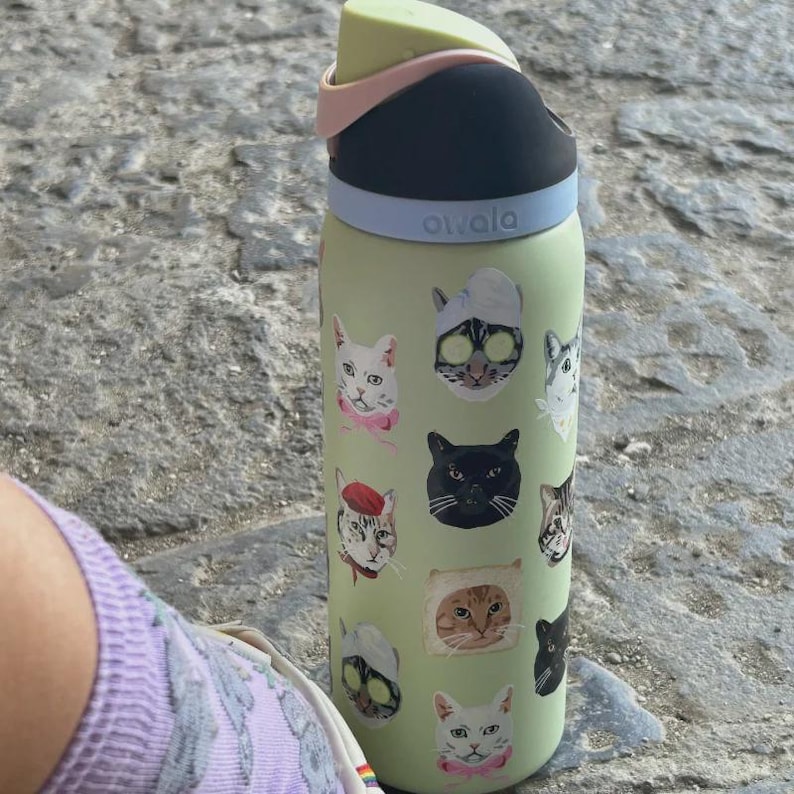 May include: A light green Owala water bottle featuring a pattern of various cat illustrations. The bottle has a black lid with a light green spout cover, a pink accent ring, and a light blue band. The cats are depicted in different styles.