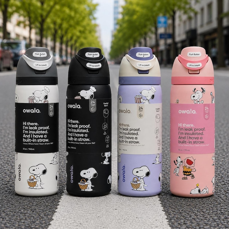 Puede incluir: Cuatro botellas de agua aisladas Owala en blanco, negro, lavanda y rosa, cada una con un dise&ntilde;o de Snoopy. Las botellas tienen una tapa con bot&oacute;n y el texto: "Hola. Soy a prueba de fugas. Estoy aislado. Y tengo una pajita incorporada."