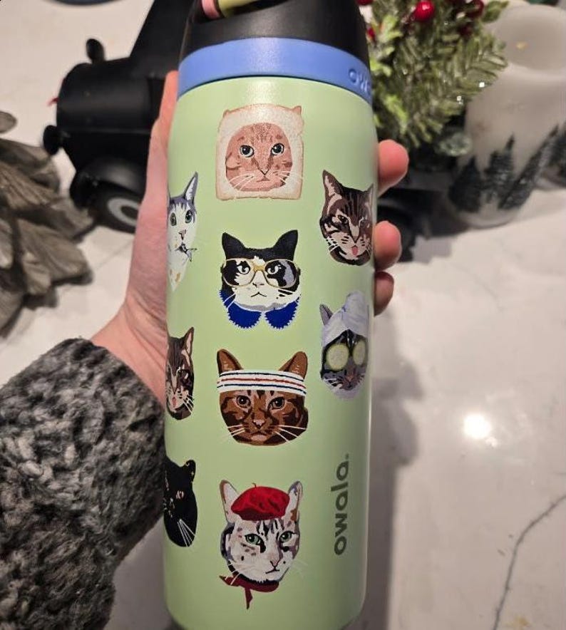 May include: A light green Owala water bottle featuring a variety of cat stickers, including a cat in a bread slice, a cat wearing glasses, a cat with a headband, and a cat wearing a red beret. The bottle has a black lid with a blue accent.