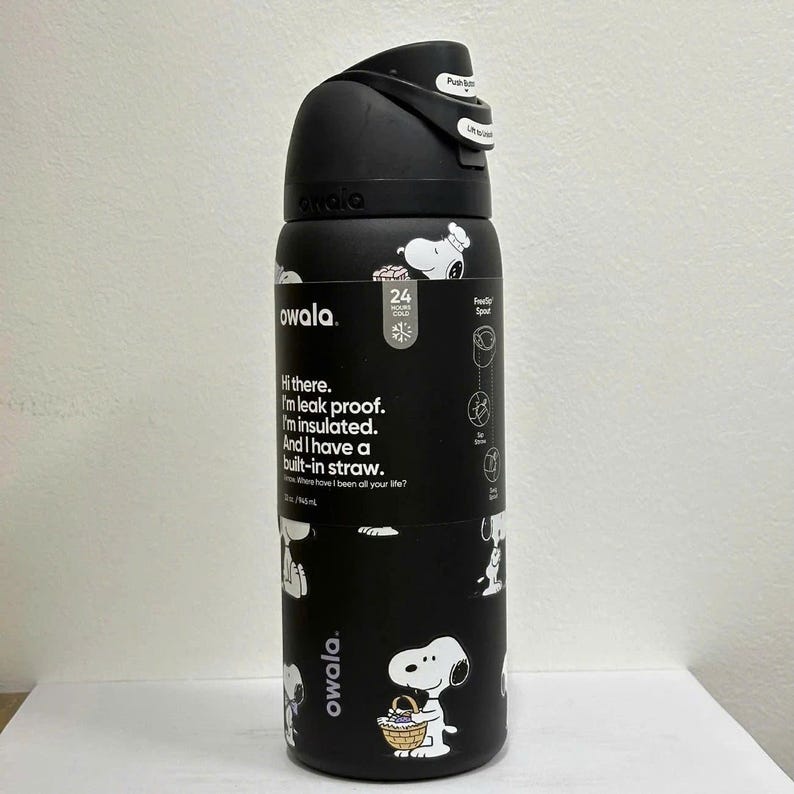 May include: Black Owala water bottle with a Snoopy design. The bottle has a push-button lid and a built-in straw. The bottle is insulated and leak-proof. It holds 24 oz / 710 mL of liquid.