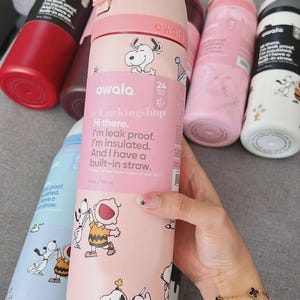 May include: Pink Owala water bottle with Snoopy and Charlie Brown graphics. The bottle has a built-in straw and is leak-proof. The bottle is 24 oz / 710 ml.